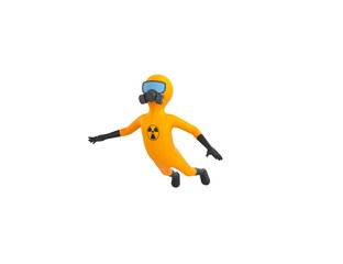 Man in Yellow Hazmat Suit character flying in 3d rendering.