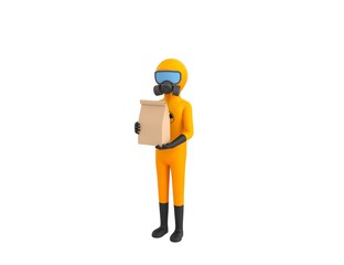 Man in Yellow Hazmat Suit character holding paper containers for takeaway food in 3d rendering.