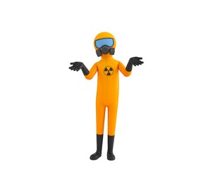 Man in Yellow Hazmat Suit character spreading his two hands and looking to camera in 3d rendering.