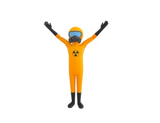 Man in Yellow Hazmat Suit character spreading his two hands in 3d rendering.