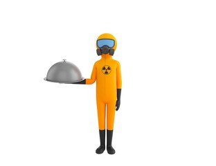 Man in Yellow Hazmat Suit character serving a meal under a silver cloche or dome in 3d rendering.