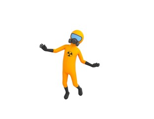 Fototapeta na wymiar Man in Yellow Hazmat Suit character flying in the air in 3d rendering.
