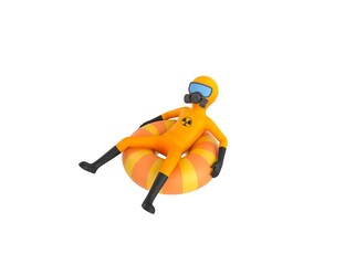 Man in Yellow Hazmat Suit character sitting on the inflatable ring in 3d rendering.