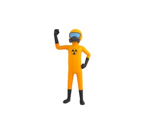 Man in Yellow Hazmat Suit character raising right fist in 3d rendering.