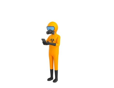 Man in Yellow Hazmat Suit character types text message on cell phone in 3d rendering.