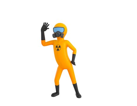 Man in Yellow Hazmat Suit character hold hand near ear listening rumors in 3d rendering.