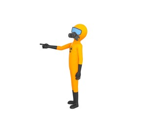 Man in Yellow Hazmat Suit character pointing index finger to the left in 3d rendering.