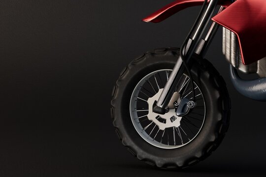 motorbike. riding motorbikes. front wheel of a black motorcycle with a red seat on a black background with space for text. 3d illustration. 3d render