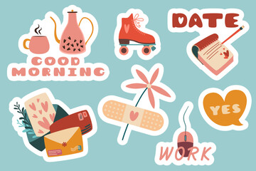 Set of Daily Planner Stickers, Patches Collection, Weekly Badges with Quotes and Illustrations. Isolated Vector for Trendy Scheduler or Organizer, Note Paper, Chat. Cute Cartoon Doodle Style.