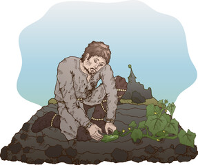 An illustration of a sitting medieval farmer. Cultivation of cucumbers, vegetables, castle, vegetable garden. Ready to use eps10 for your design