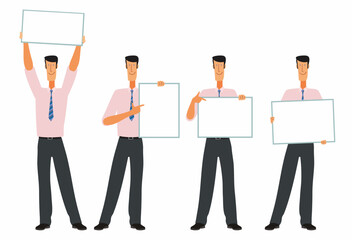 Obraz premium An Office Character. A positive man shows a sign. A set of different poses. Vector cartoon graphics