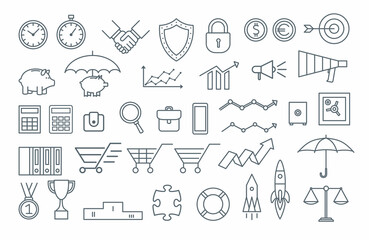 Icons for business. Linear drawings of marketing and finance symbols. Vector graphics