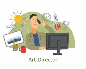 Male art director. A positive guy surrounded by office symbols. Cartoon graphics