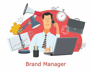 Male brand manager. A positive guy surrounded by office symbols. Cartoon graphics