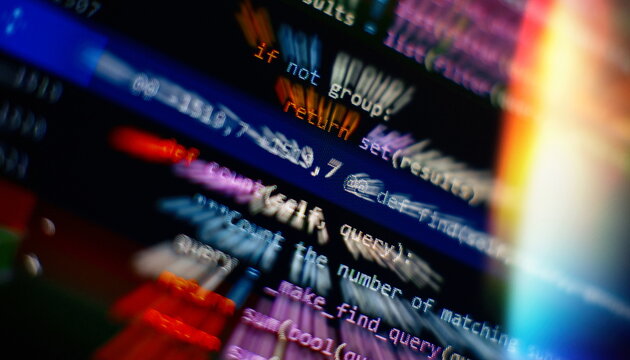 Abstract computer script code. Programming code screen of software developer. Software Programming Work Time.