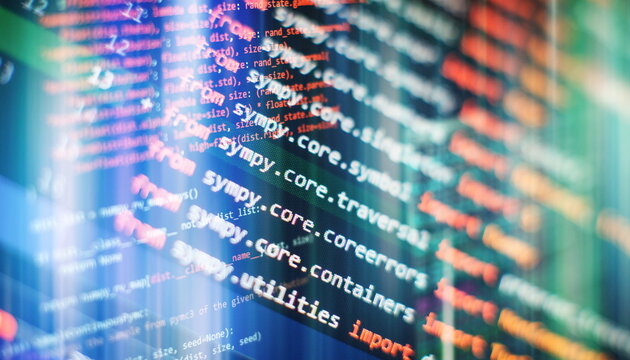 Abstract computer script code. Programming code screen of software developer. Software Programming Work Time.