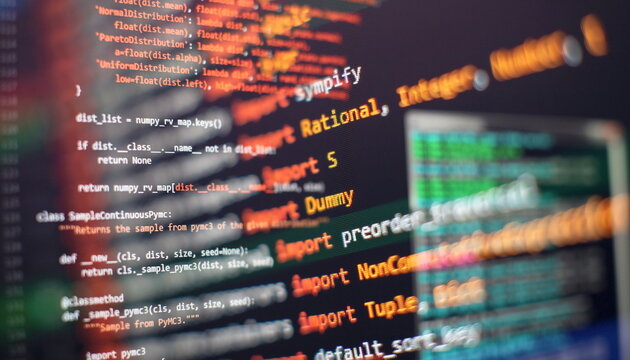 Abstract computer script code. Programming code screen of software developer. Software Programming Work Time.