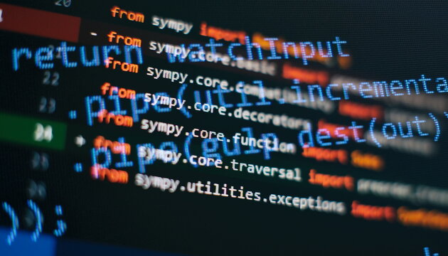 Abstract computer script code. Programming code screen of software developer. Software Programming Work Time.