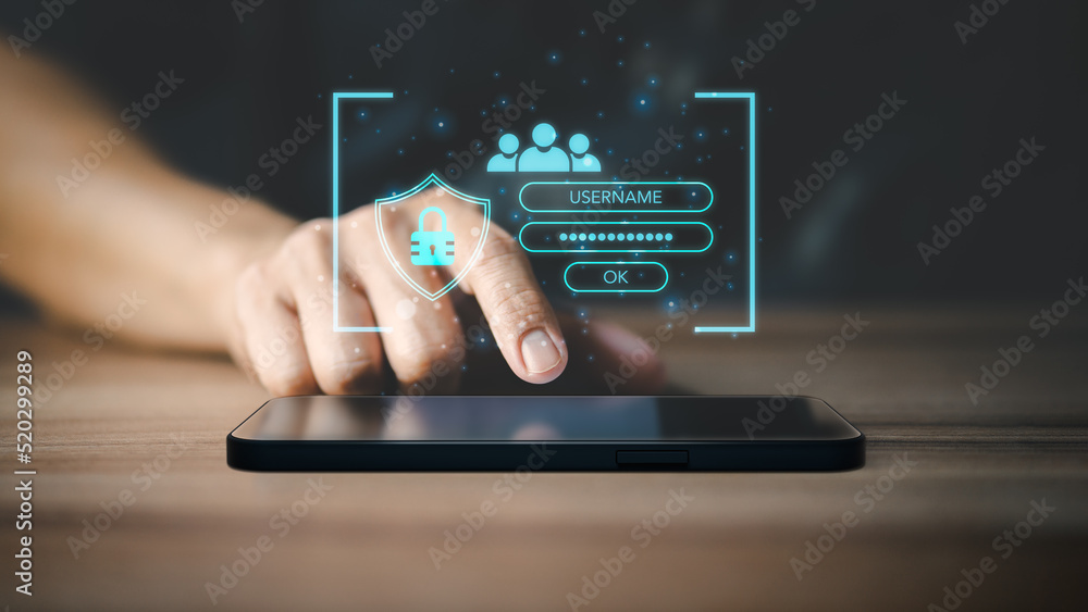 Aufkleber Man typing login and password on smartphone, cyber security concept, Secure encryption and access to the user's private information to access the Internet.