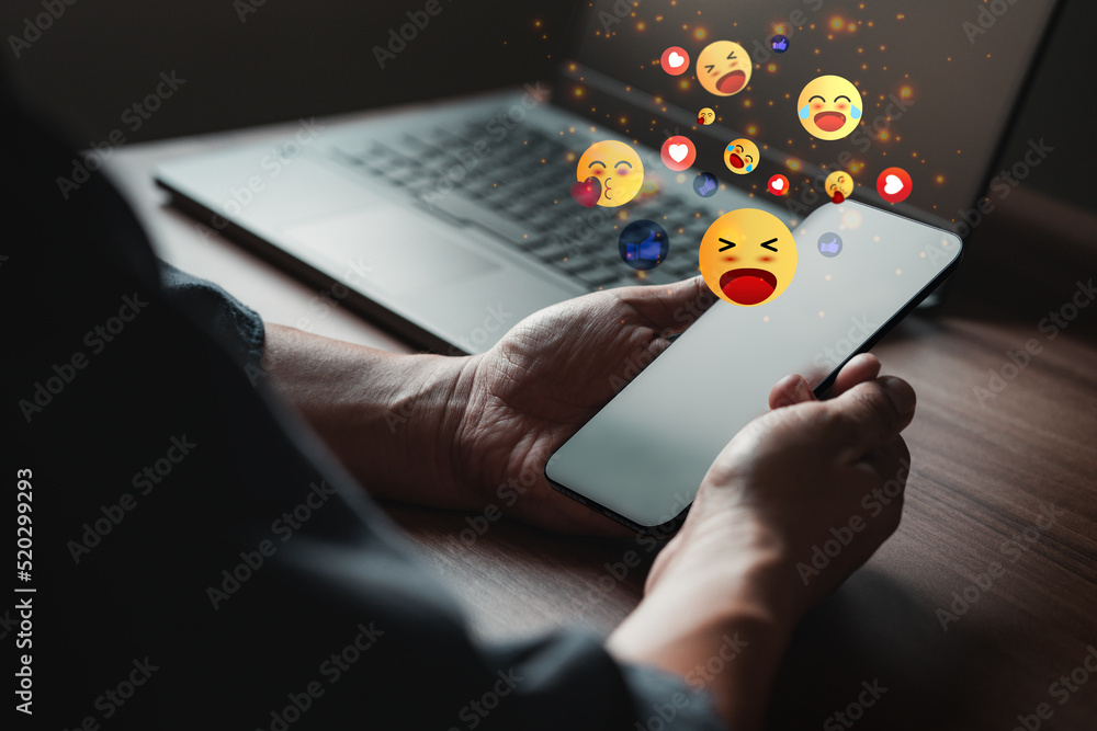 Aufkleber Man hand using smartphone typing live chat chatting on application communication digital web and social network concept. Social media application chat box.
