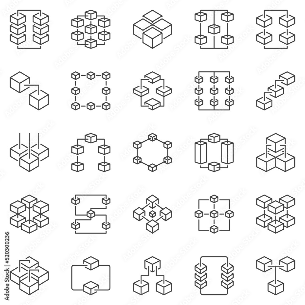 Poster blockchain technology concept outline icons set - vector block-chain symbols