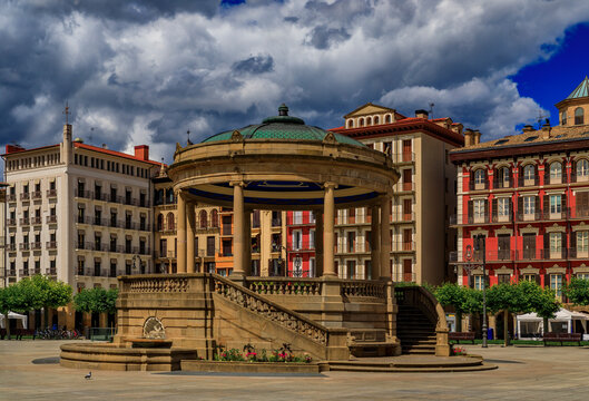 Historic Plaza del Castillo in Pamplona, Spain famous for running of the bulls