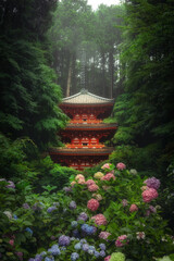 Gansen-ji Temple surrounded by hydrangeas is a Japanese temple located in the middle of the Nara city forest.