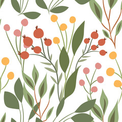 Seamless floral pattern with various berries and foliage on a white background. Beautiful botanical print with forest herbs in a hand-drawn style. Vector illustration.