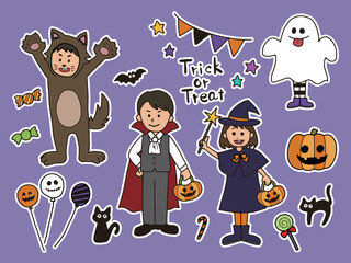ハロウィン　仮装をする子供たちのイラストセット