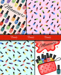 Obraz premium Manicure salon and nails care studio vector templates set. Symbols of woman hands and colorful nail polish vial bottle trend