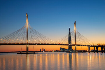 Cable-stayed bridge against the sunset. Saint Petersburg