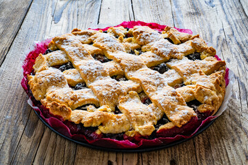 Fruit cake on wooden table
