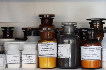 Medical flasks in a pharmacological laboratory
