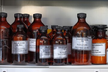 Medical flasks in a pharmacological laboratory