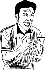 Fototapeta na wymiar Man using mobile vector, Sketch drawing of Angry man watching his cell phone, Silhouette of angry business man seeing his mobile phone