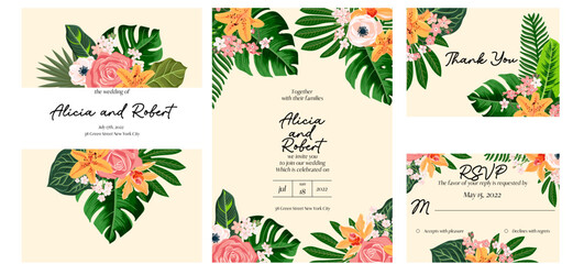 vector floral design for wedding invitation with lilies, rose flowers and tropical leaves, floral poster, decorative greeting cards