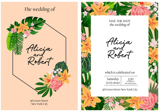 vector floral design for wedding invitation with lilies, rose flowers and tropical leaves, floral poster, decorative greeting cards