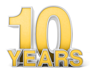 10 years 3d isolated on white background. Celebrating 10th anniversary. Gold and silver metallic Number. 3D illustration.