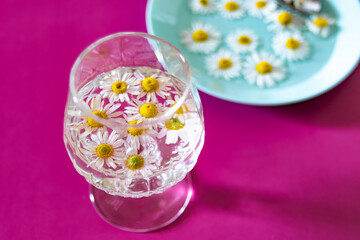 Obraz na płótnie Canvas A large crystal glass, made of transparent crystal, filled with water and chamomile flowers. Chamomile flowers and water, in a crystal glass, on a lilac background.
