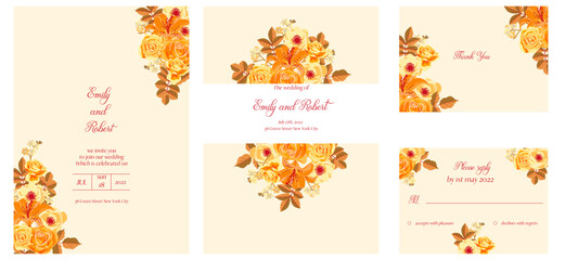 vector floral design for wedding invitation with yellow and orange flowers and leaves, floral poster, decorative greeting cards