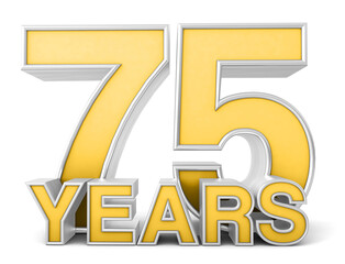75 years 3d isolated on white background. Celebrating 75th anniversary. Gold and silver metallic Number. 3D illustration.