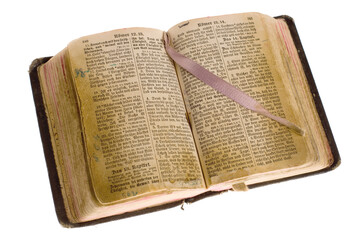 Old antique vintage open bible isolated with cliping path.