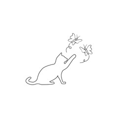cat try to tap  many butterflies line art, hand drawing or outline