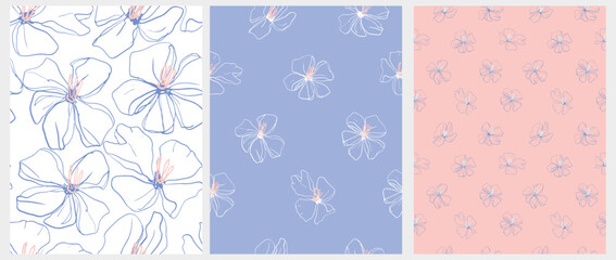 Set of 3 Floral Seamless Vector Patterns. Irregular Hand Drawn Abstract Garden Print with Sketched Flowers isolated on a White, Blue and Pink Background.Elegant Floral Repeatable Design ideal Fabric.