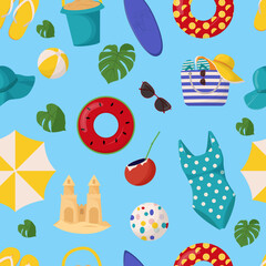 Set of cute summer elements: surfboard, cocktail, bag, hat, palm tree, bikini, flip flops, beach umbrella, ball, sand castle, lifebuoy. Summer seamless pattern