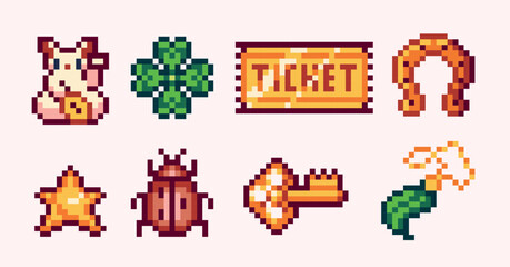 Lucky symbols pixel art set. Fortune charms collection. Golden ticket, key, Maneki Neko, horseshoe. 8 bit sprite. Game development, mobile app.  Isolated vector illustration.