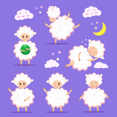 Set of fluffy sheep stickers for design, printing, social networks