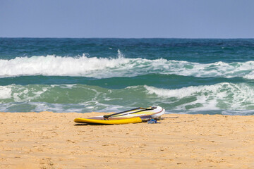 Lifebuoy safety equipment on the background of the waves of the Mediterranean Sea.