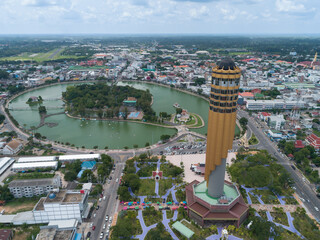 Beautiful landscape of Roi-et tower : aerial view landmark in the park, Roi-et province, thailand.