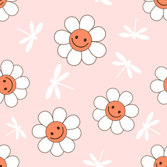 Seamless pattern with daisy flower and dragonfly cartoons on pink background vector.
